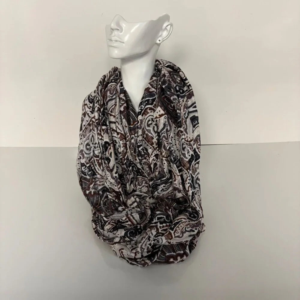 Brown Cream Paisley Infinity Scarf Pleated Classic Boho Earthy Neutral Timeless
